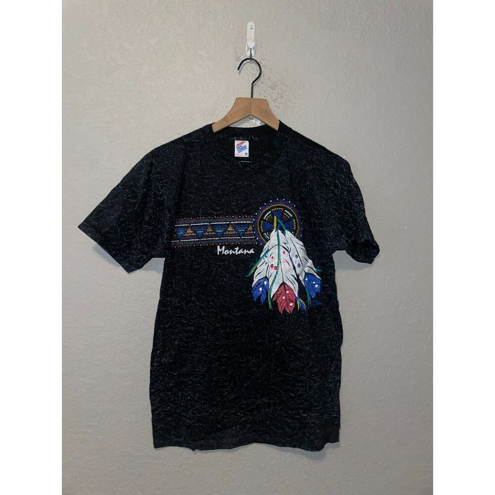 Vintage Native American Shirt Montana Drum Feathers Black AOP Tee 90s VTG M